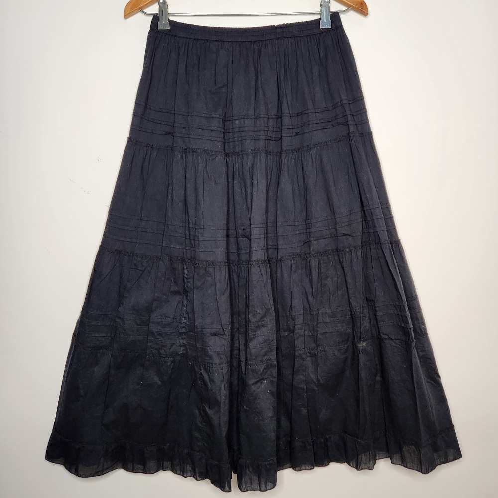 Vintage 90s 00s Black Fairycore Tiered Ruffled Eyelet Lace Midi Skirt Size L